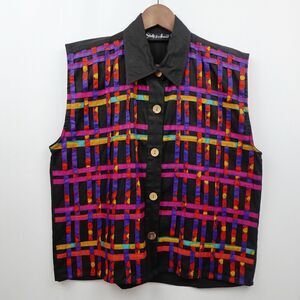Vintage Shelly & Arnold Patchwork 80s 90s Button-Up Top Sz L Black Magenta Multi